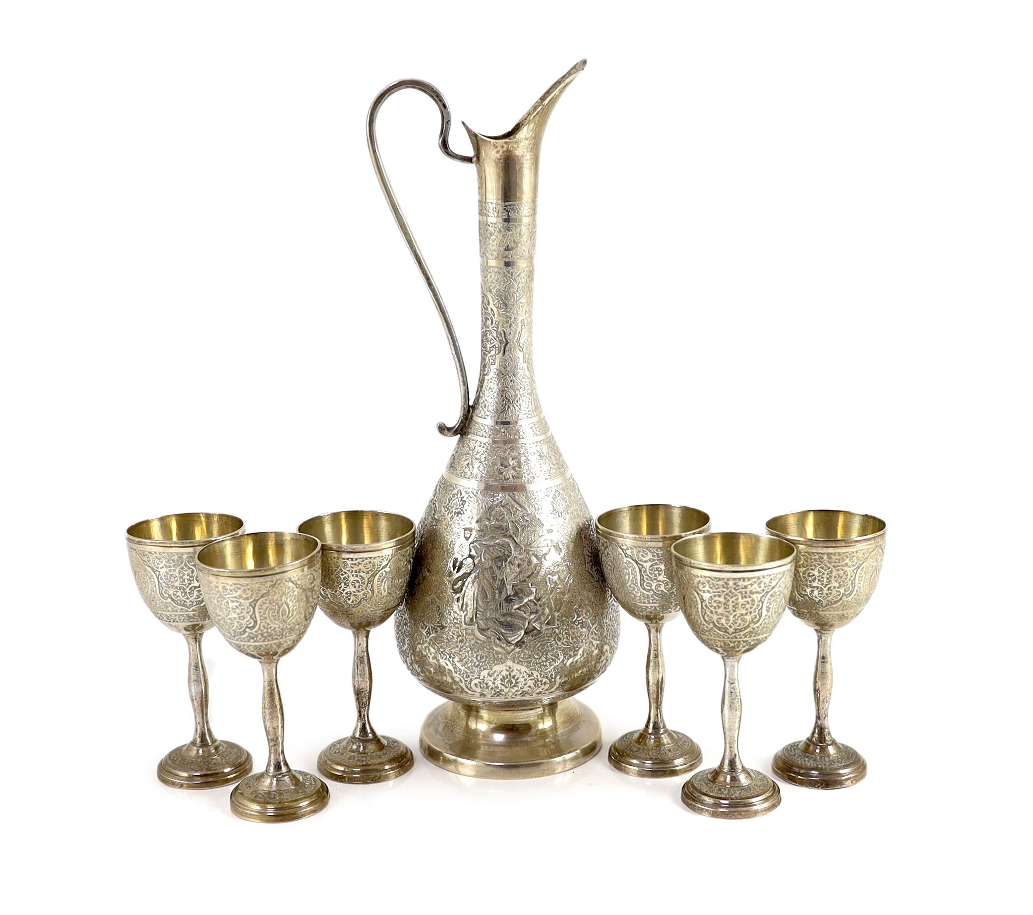 A Persian 84 standard silver ewer and six similar goblets, by Vartan